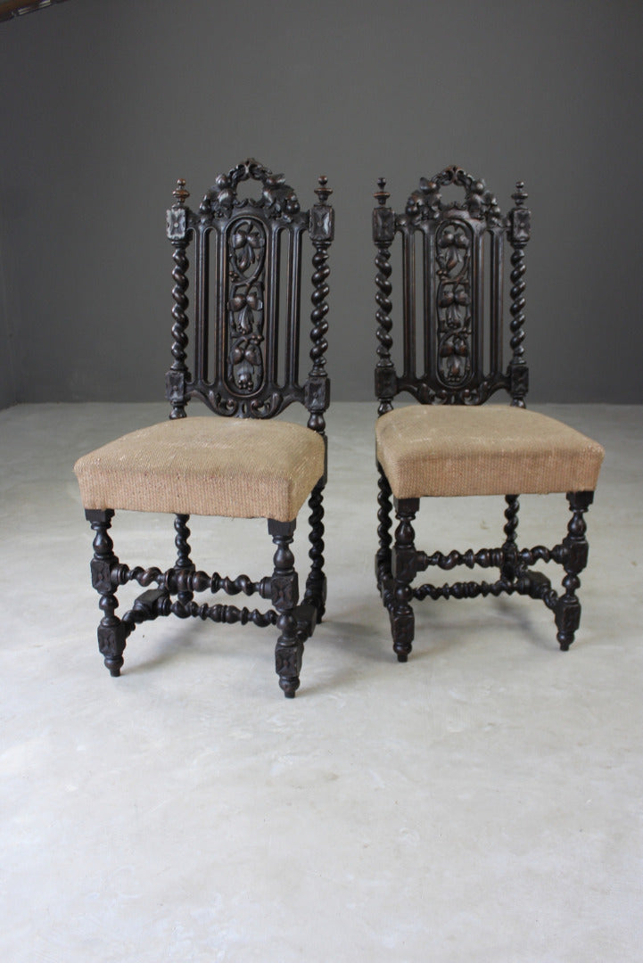 Pair Victorian Carved Oak Hall Chairs - Kernow Furniture