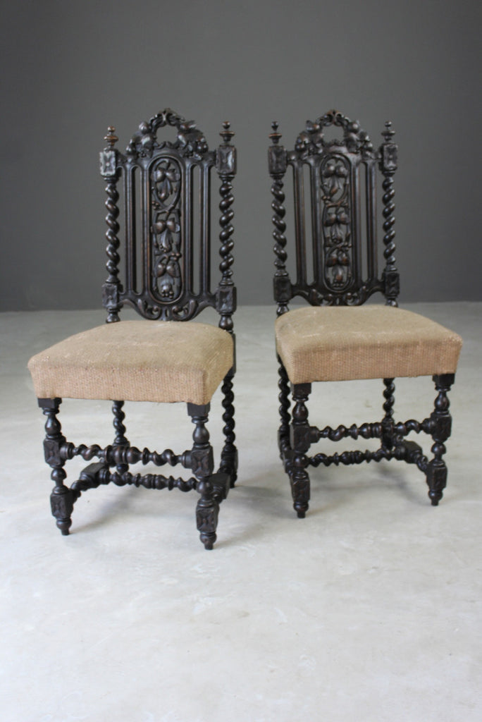 Pair Victorian Carved Oak Hall Chairs - Kernow Furniture