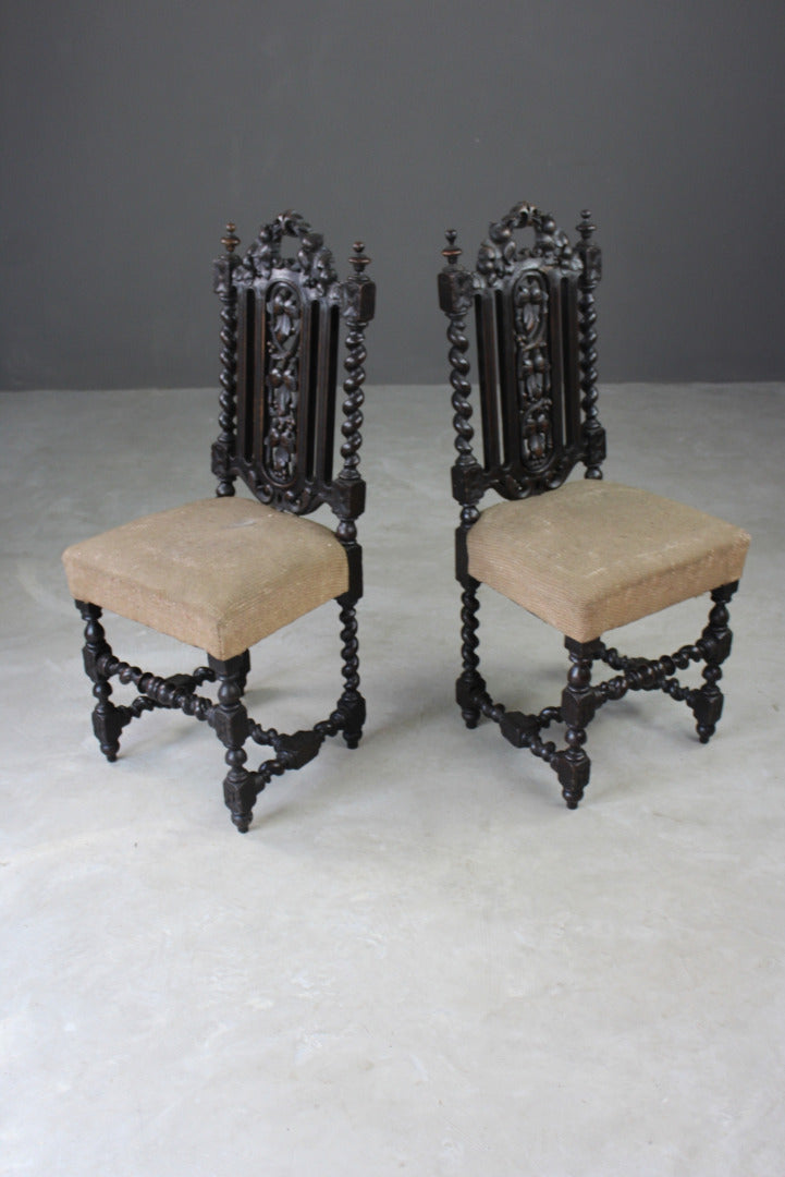 Pair Victorian Carved Oak Hall Chairs - Kernow Furniture