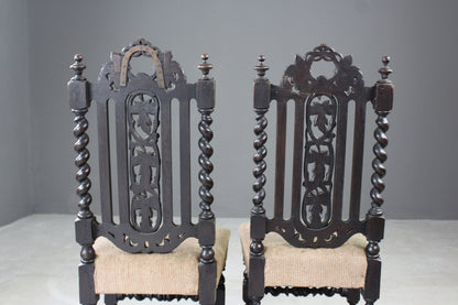 Pair Victorian Carved Oak Hall Chairs - Kernow Furniture