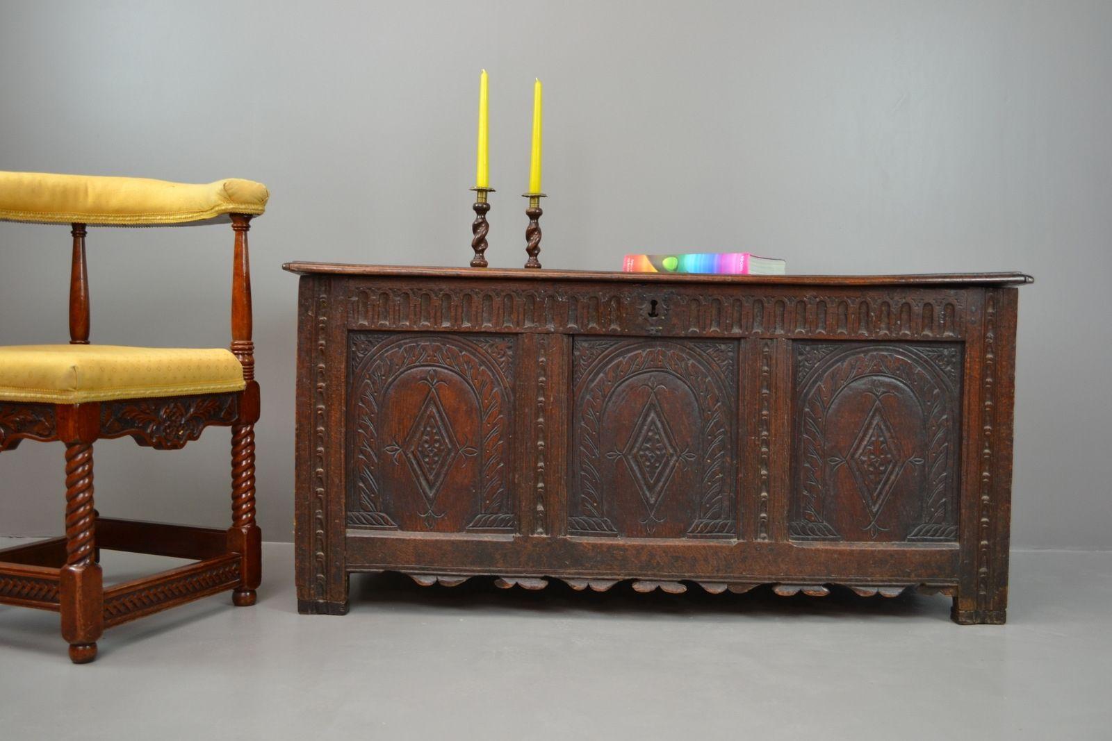 Antique Large 19th Century Carved Oak Panelled Coffer - Kernow Furniture