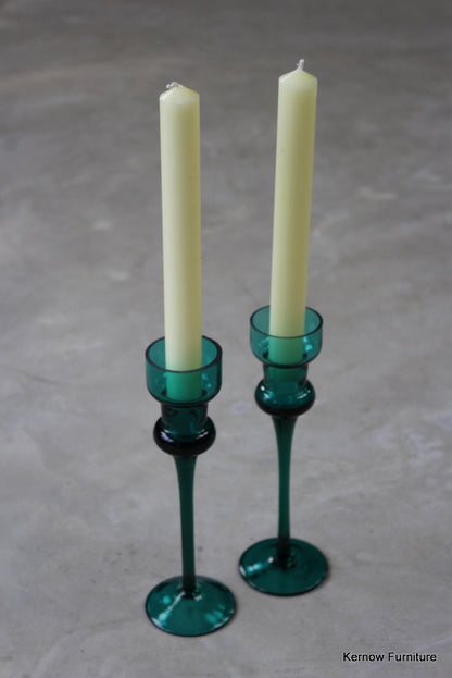 Pair Green Glass Candlesticks - Kernow Furniture