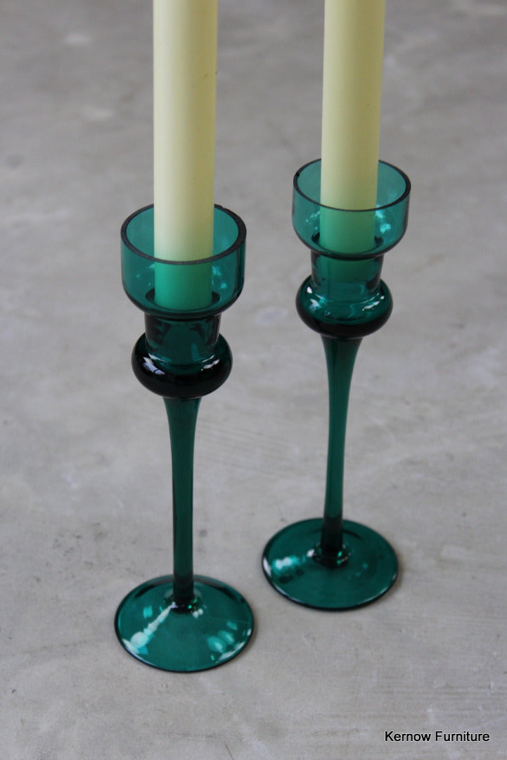 Pair Green Glass Candlesticks - Kernow Furniture