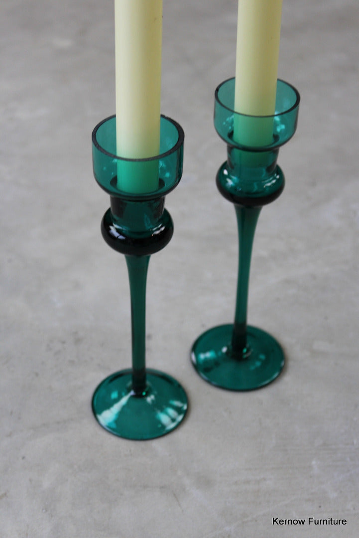 Pair Green Glass Candlesticks - Kernow Furniture