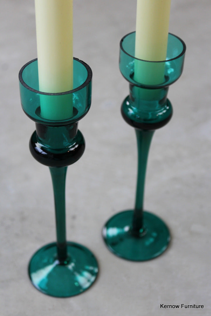 Pair Green Glass Candlesticks - Kernow Furniture