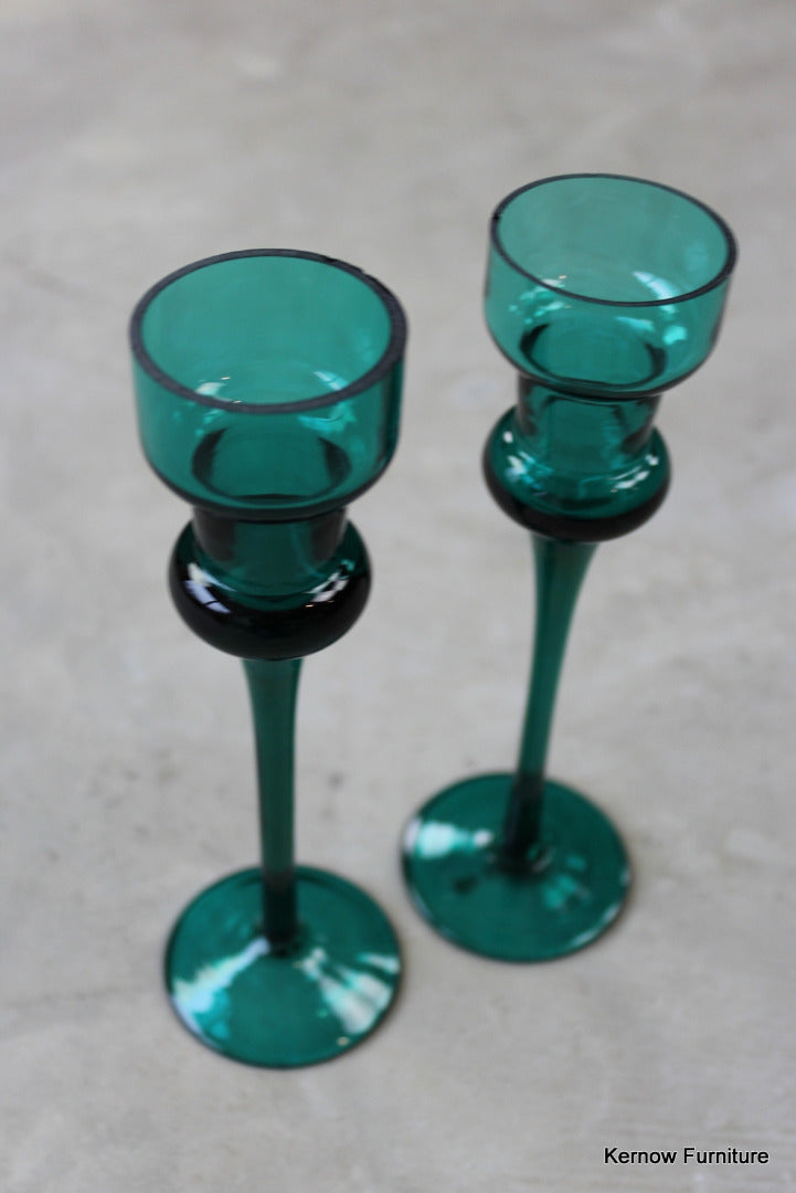 Pair Green Glass Candlesticks - Kernow Furniture