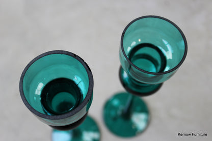 Pair Green Glass Candlesticks - Kernow Furniture