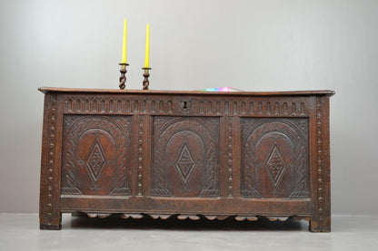 Antique Large 19th Century Carved Oak Panelled Coffer - Kernow Furniture