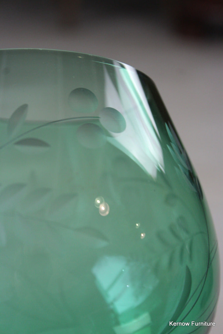 Green Glass Etched Balloon Vase - Kernow Furniture