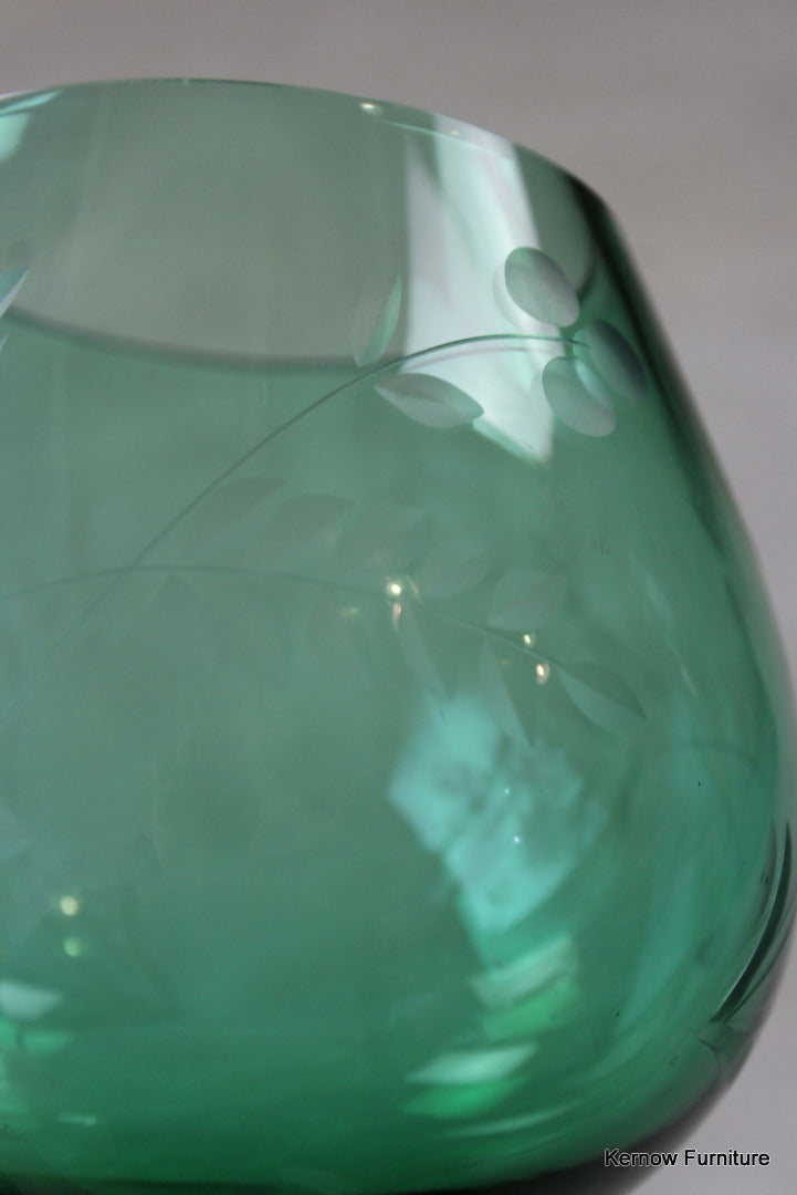 Green Glass Etched Balloon Vase - Kernow Furniture