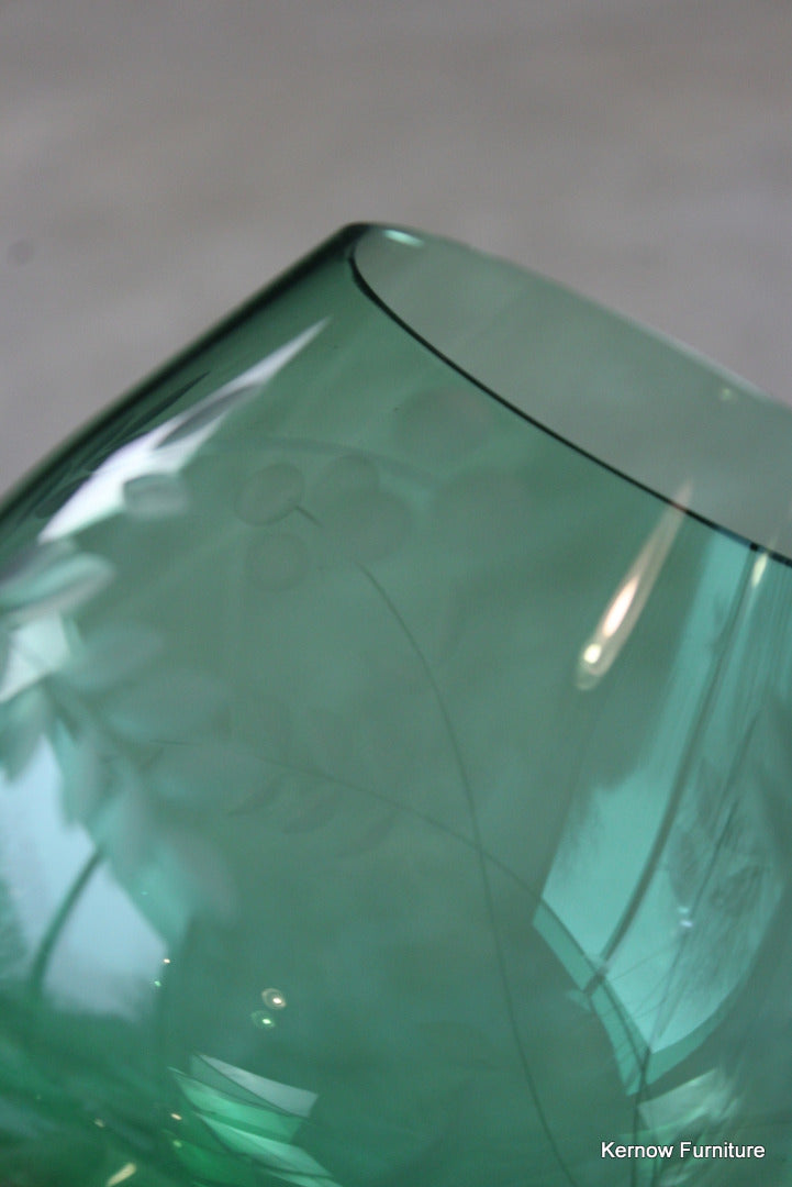 Green Glass Etched Balloon Vase - Kernow Furniture