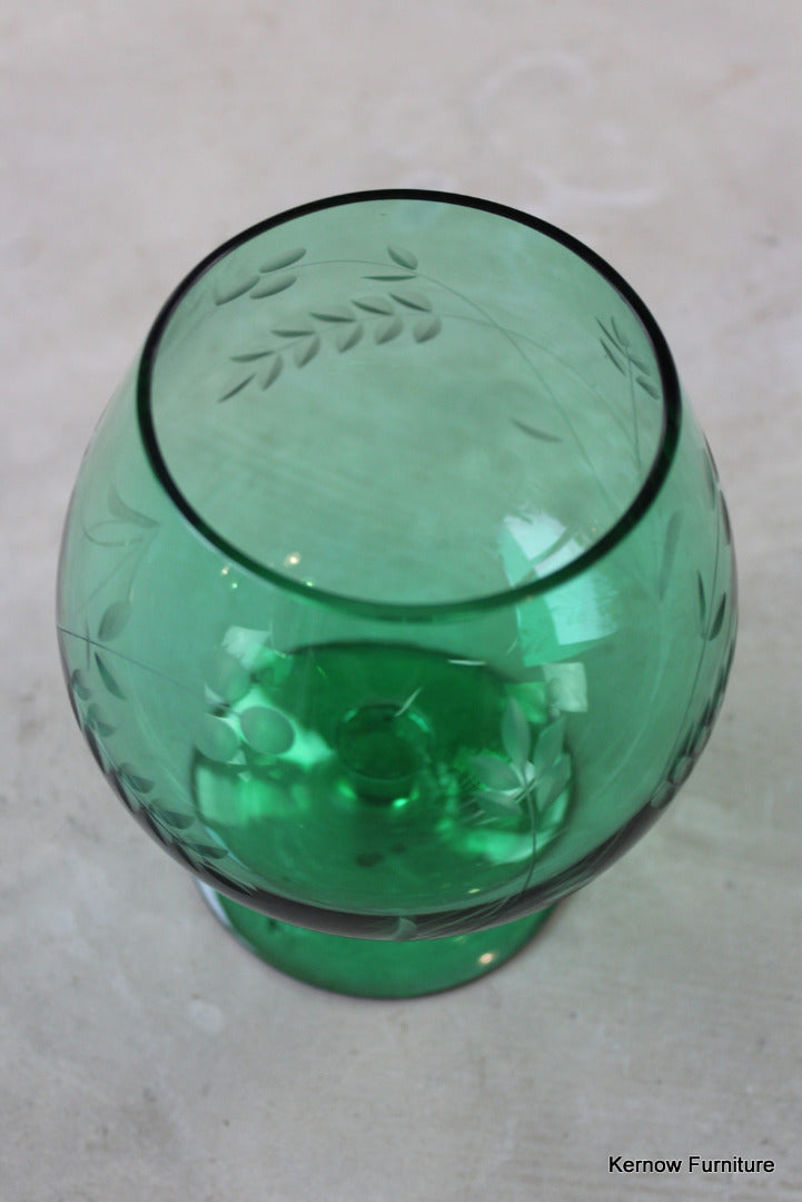 Green Glass Etched Balloon Vase - Kernow Furniture