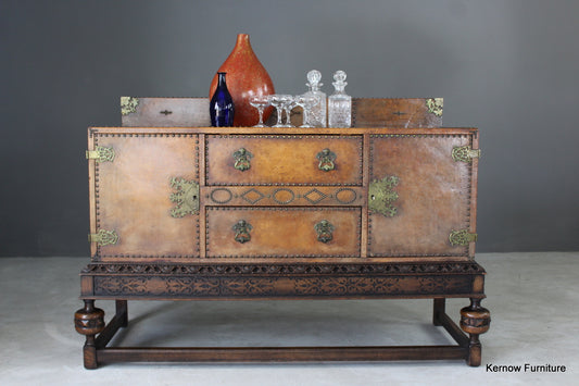 Early 20th Century Brown Leather Studded Sideboard - Kernow Furniture