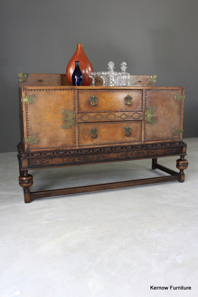 Early 20th Century Brown Leather Studded Sideboard - Kernow Furniture