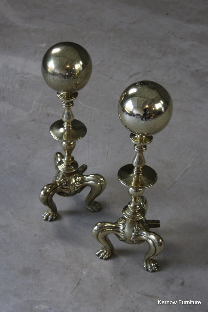 Pair Antique Brass Andirons - Kernow Furniture