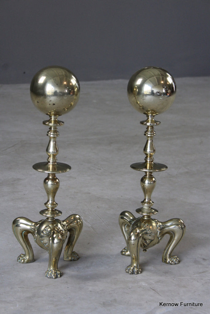Pair Antique Brass Andirons - Kernow Furniture