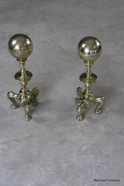 Pair Antique Brass Andirons - Kernow Furniture