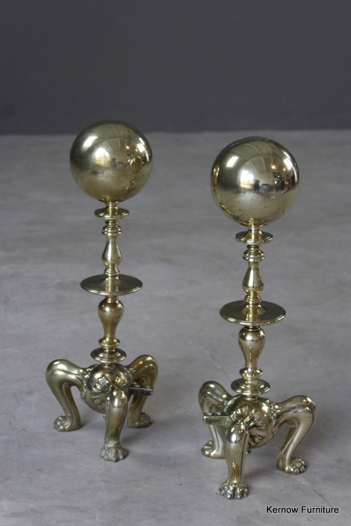 Pair Antique Brass Andirons - Kernow Furniture