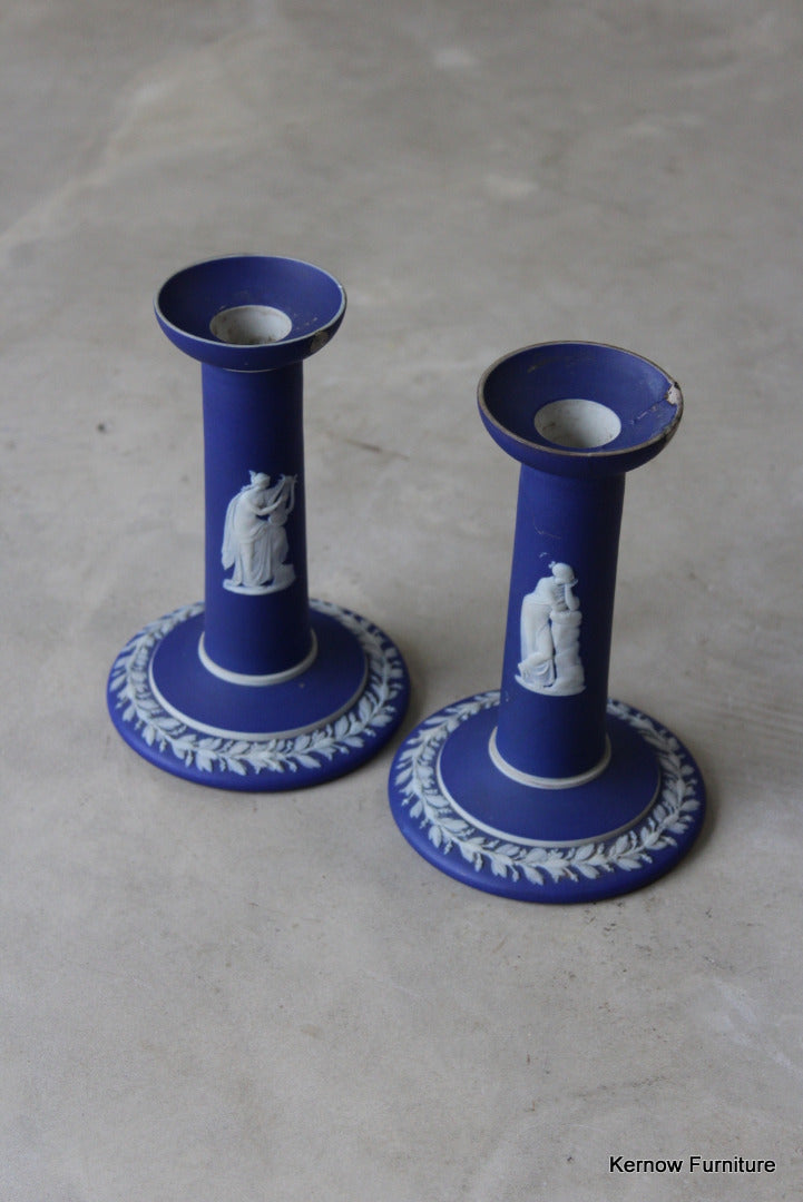 Wedgwood Cobalt Blue Jasperware Candlesticks - Kernow Furniture