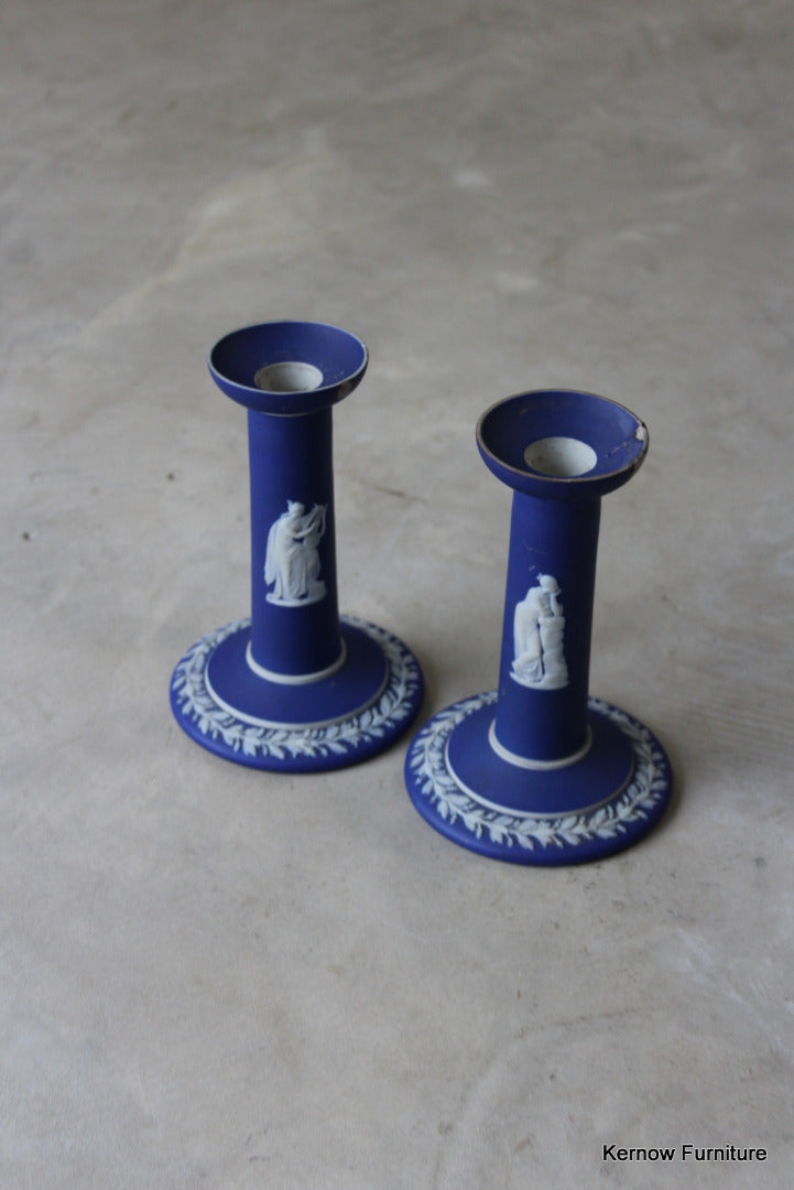 Wedgwood Cobalt Blue Jasperware Candlesticks - Kernow Furniture