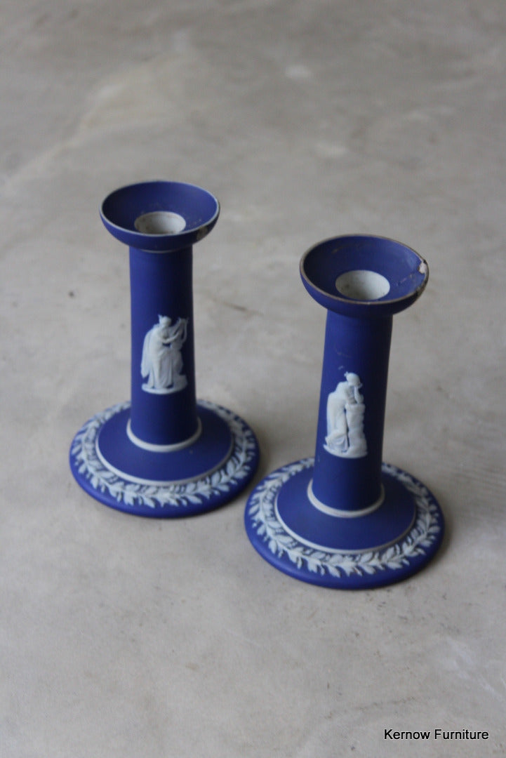 Wedgwood Cobalt Blue Jasperware Candlesticks - Kernow Furniture