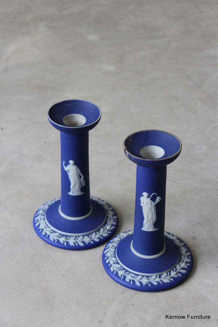 Wedgwood Cobalt Blue Jasperware Candlesticks - Kernow Furniture