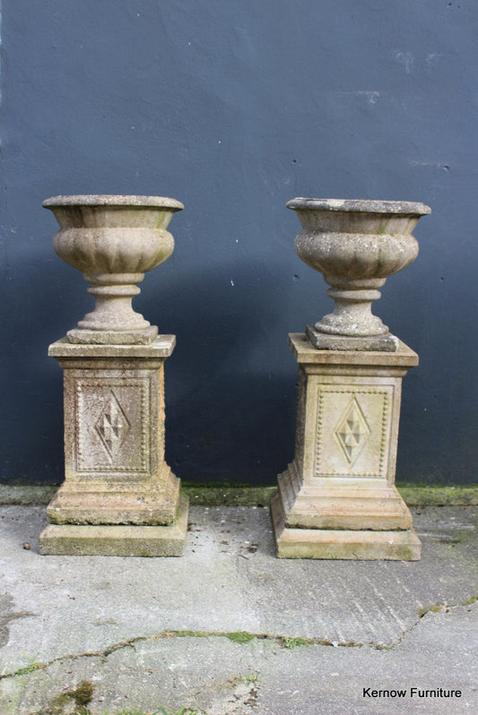 Weathered Cast Composite Stone Urn & Plinth - Kernow Furniture