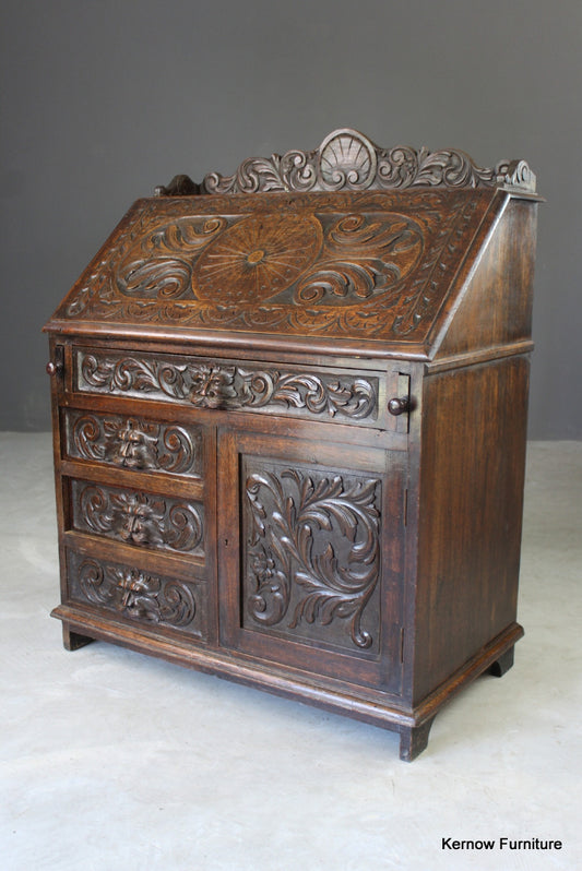 Carved Oak Green Man Writing Bureau - Kernow Furniture