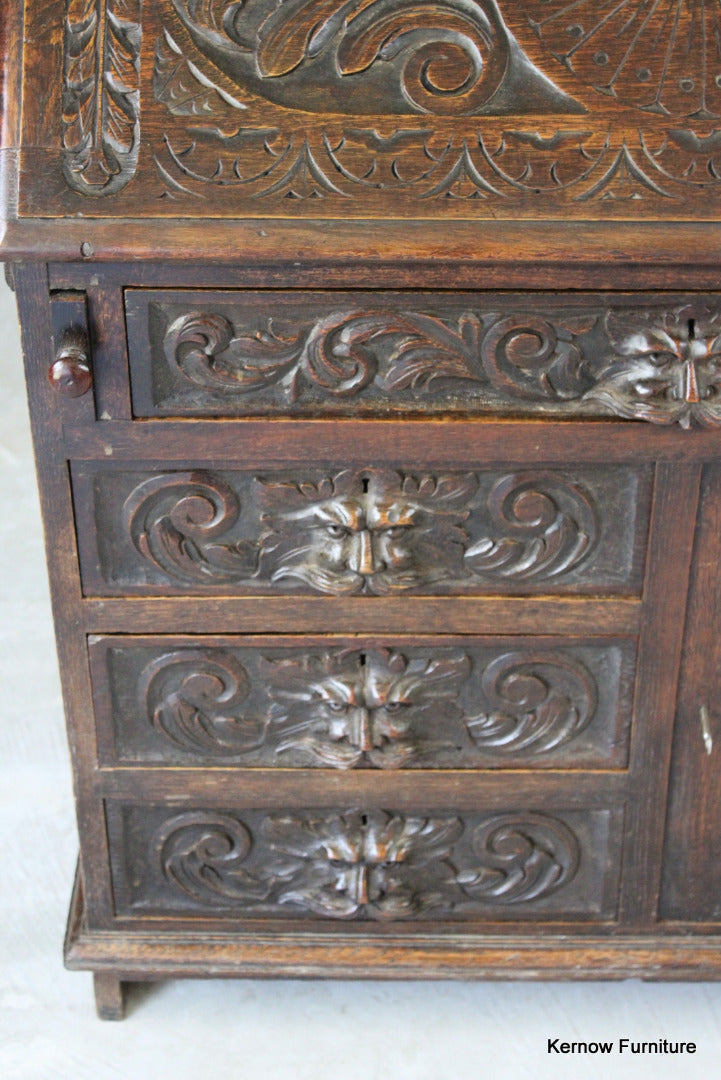 Carved Oak Green Man Writing Bureau - Kernow Furniture