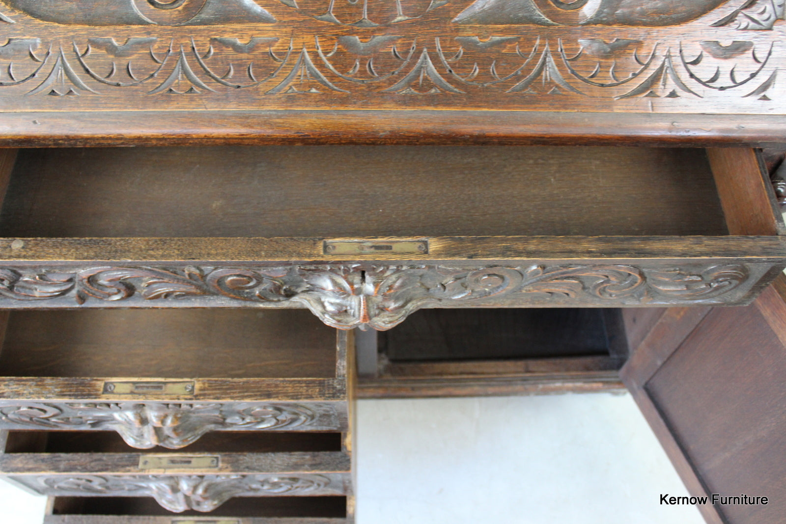 Carved Oak Green Man Writing Bureau - Kernow Furniture