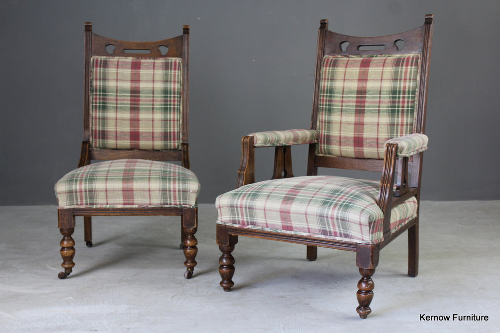 Pair Early 20th Century Upholstered Oak Armchairs - Kernow Furniture