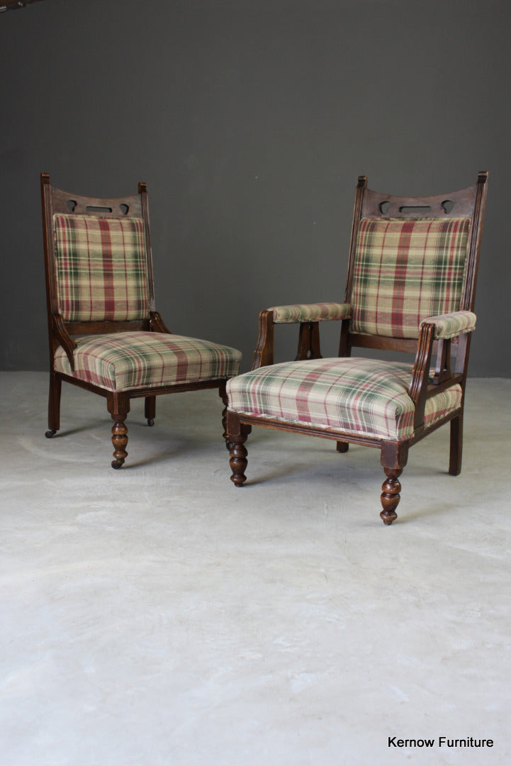 Pair Early 20th Century Upholstered Oak Armchairs - Kernow Furniture