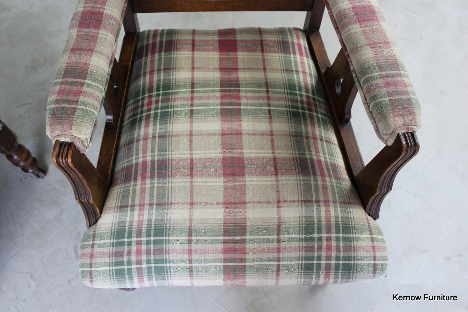 Pair Early 20th Century Upholstered Oak Armchairs - Kernow Furniture