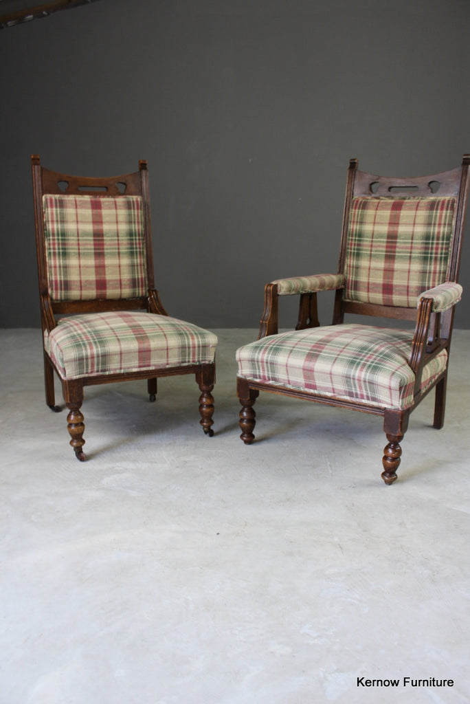Pair Early 20th Century Upholstered Oak Armchairs - Kernow Furniture