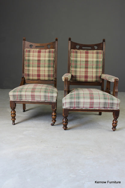 Pair Early 20th Century Upholstered Oak Armchairs - Kernow Furniture