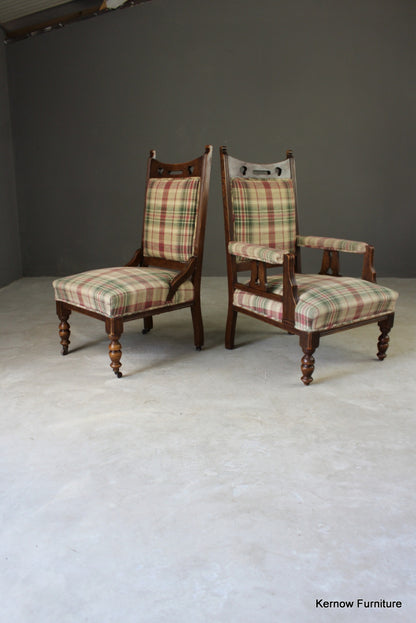 Pair Early 20th Century Upholstered Oak Armchairs - Kernow Furniture