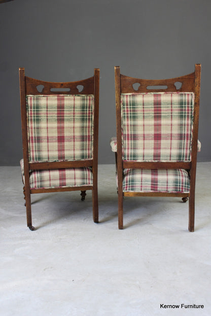 Pair Early 20th Century Upholstered Oak Armchairs - Kernow Furniture