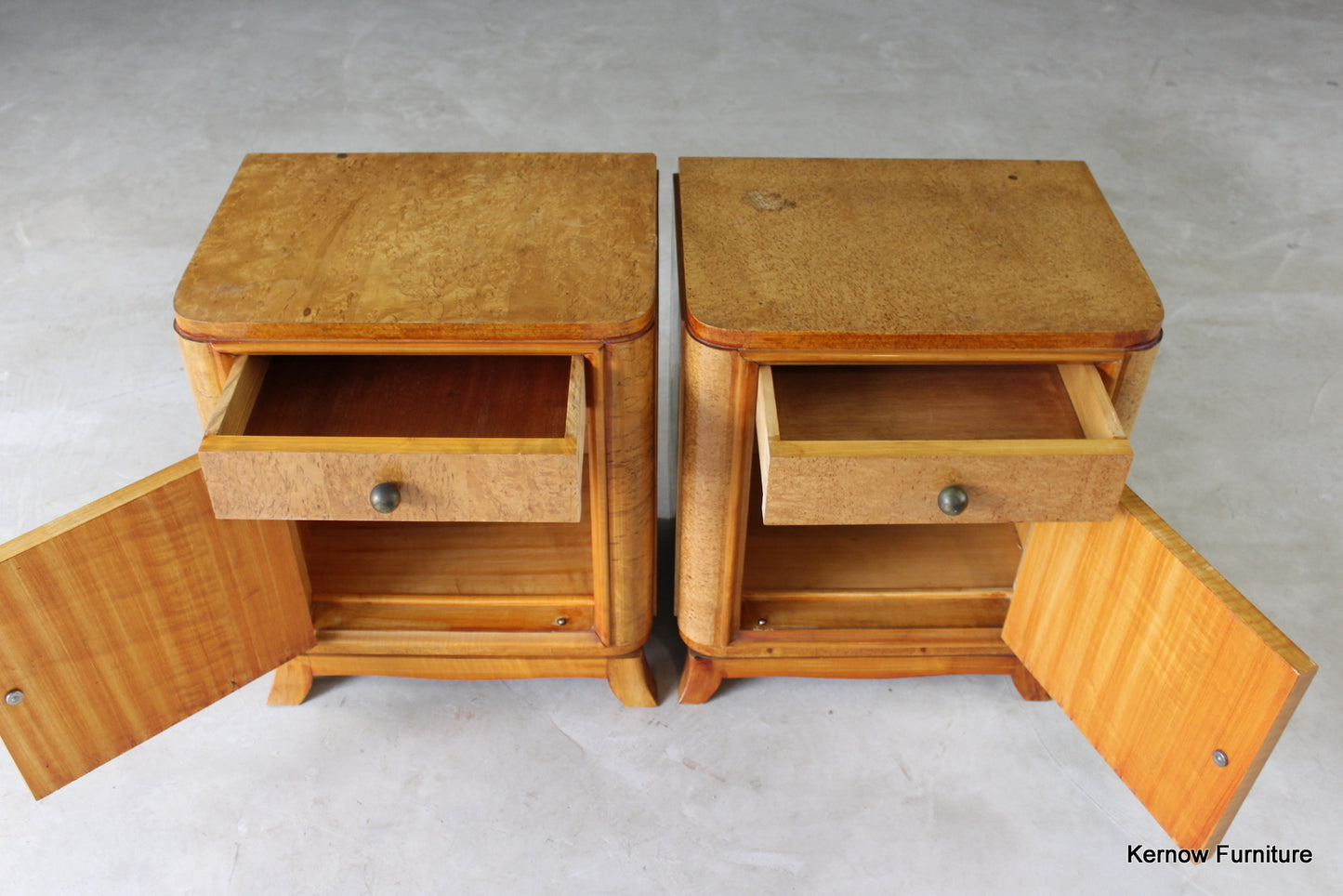 Pair French Style Burr Maple Bedside Cabinets - Kernow Furniture