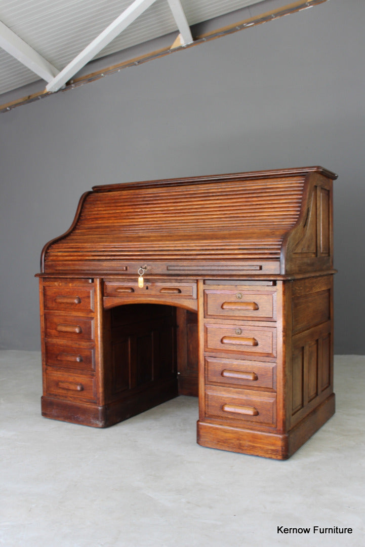 Antique Oak Tambour Roll Top Desk - Kernow Furniture