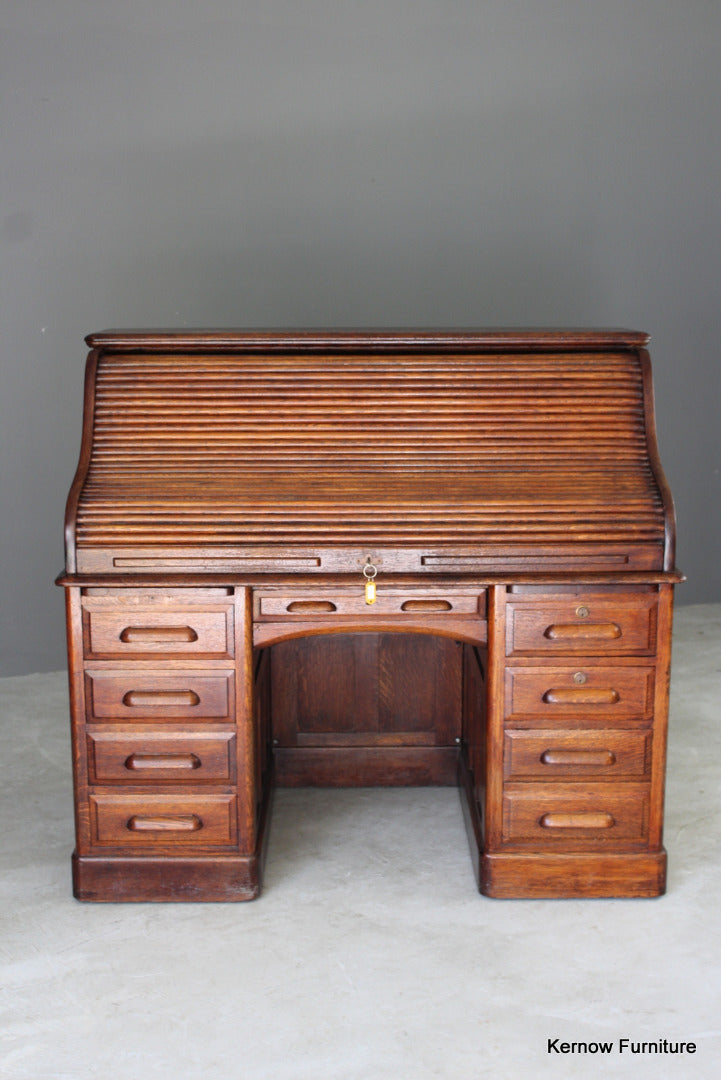 Antique Oak Tambour Roll Top Desk - Kernow Furniture