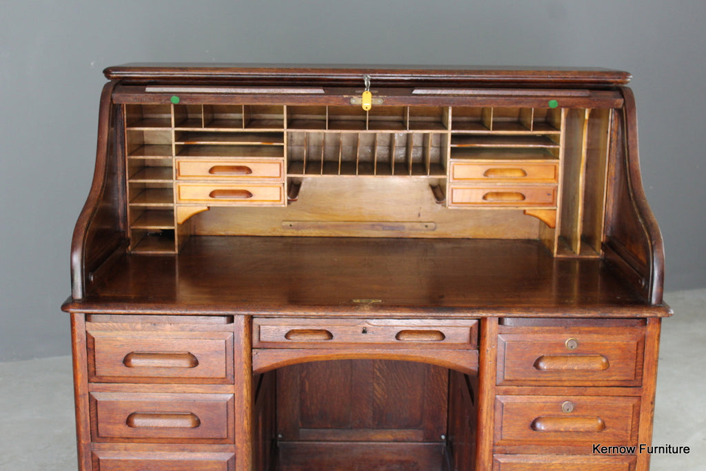 Antique Oak Tambour Roll Top Desk - Kernow Furniture