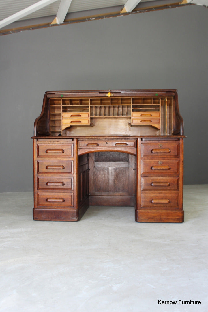 Antique Oak Tambour Roll Top Desk - Kernow Furniture