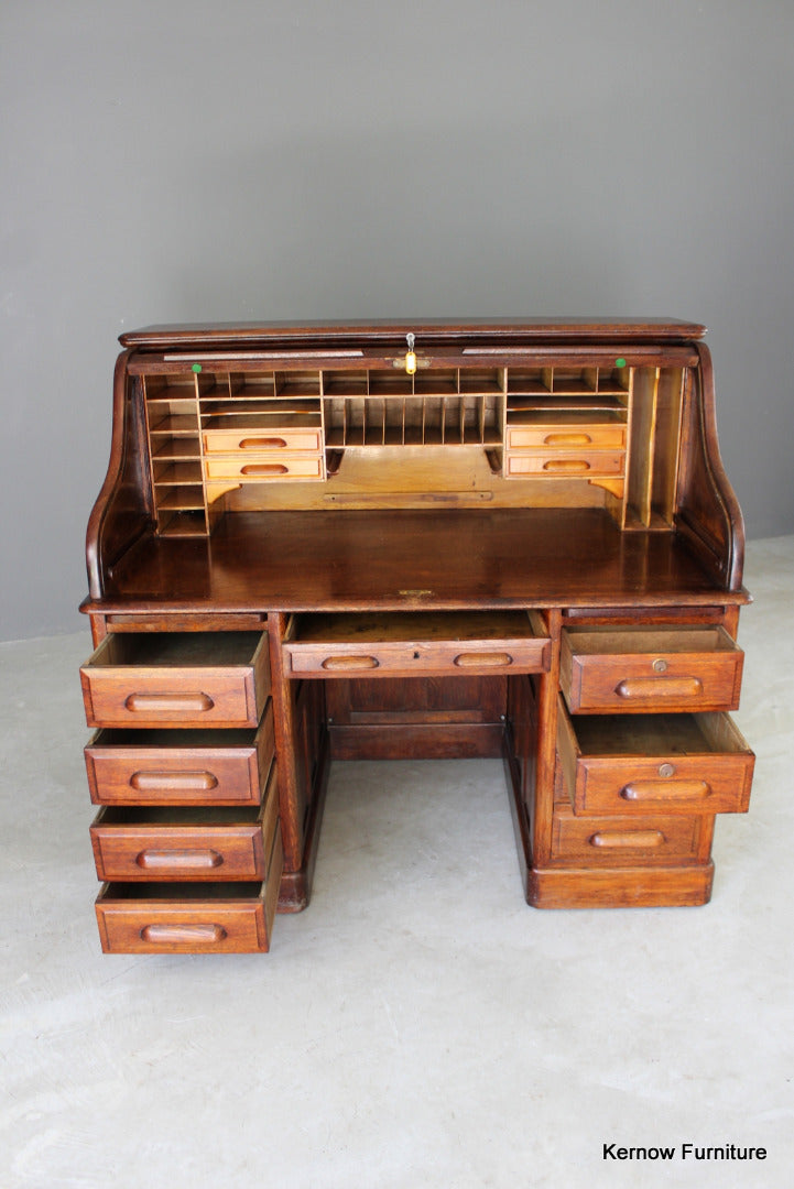 Antique Oak Tambour Roll Top Desk - Kernow Furniture