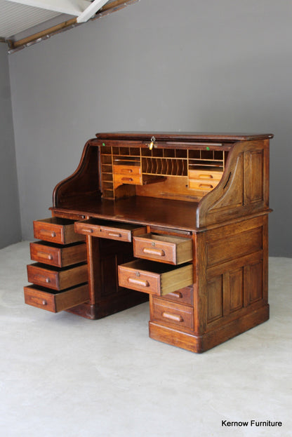 Antique Oak Tambour Roll Top Desk - Kernow Furniture