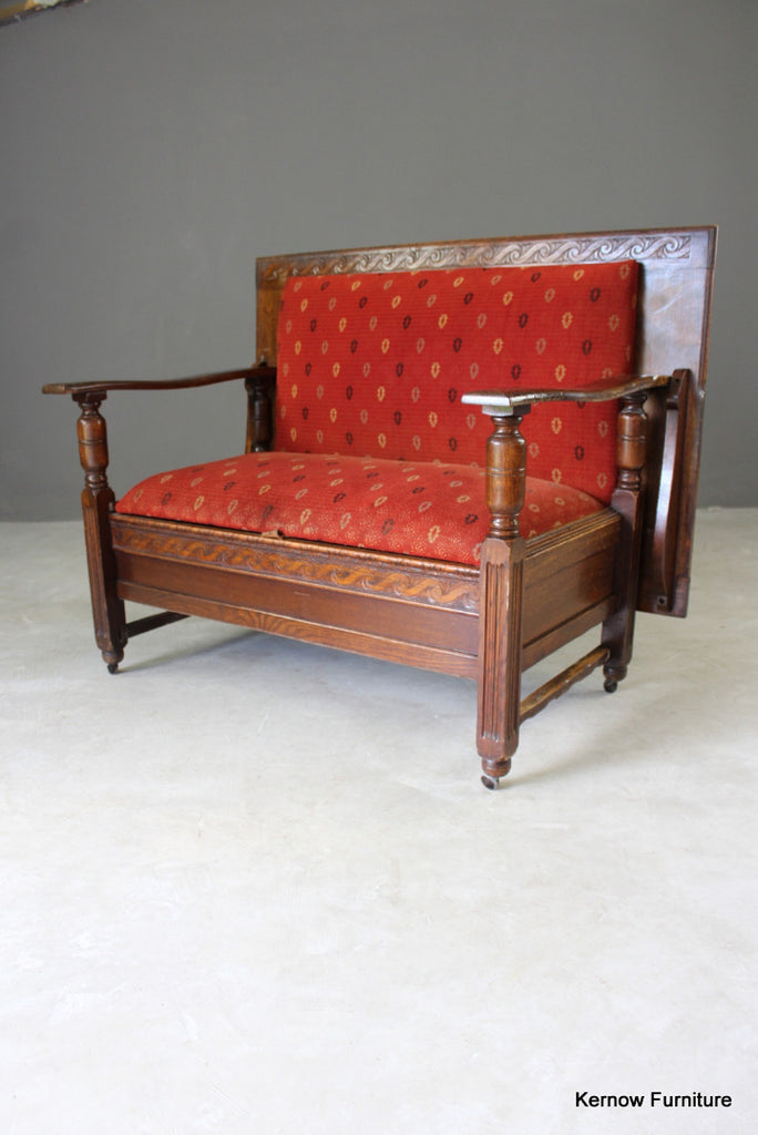 1930s Upholstered Oak Monks Bench - Kernow Furniture