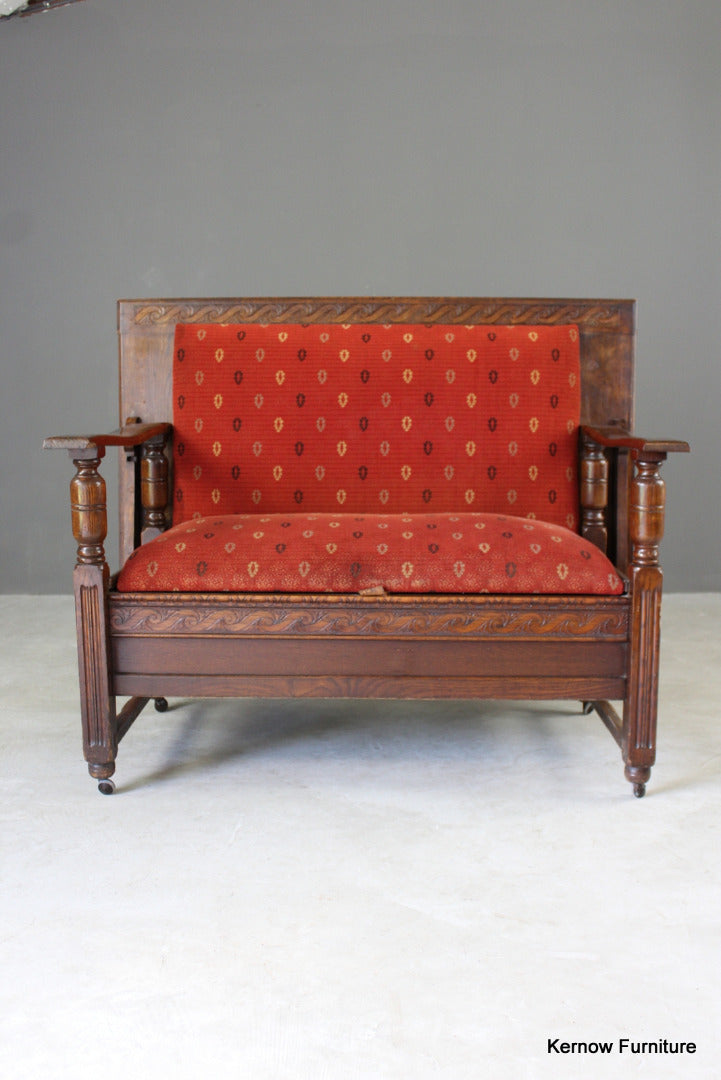 1930s Upholstered Oak Monks Bench - Kernow Furniture