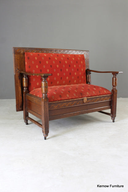 1930s Upholstered Oak Monks Bench - Kernow Furniture