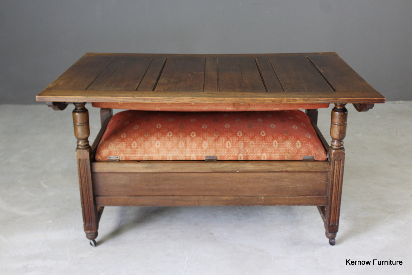 1930s Upholstered Oak Monks Bench - Kernow Furniture