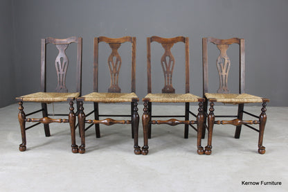 Set 4 Antqiue Elm & Oak Rush Dining Chairs - Kernow Furniture