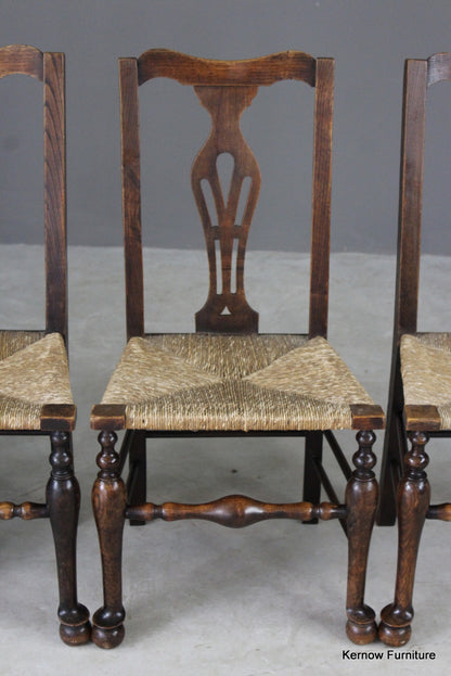 Set 4 Antqiue Elm & Oak Rush Dining Chairs - Kernow Furniture